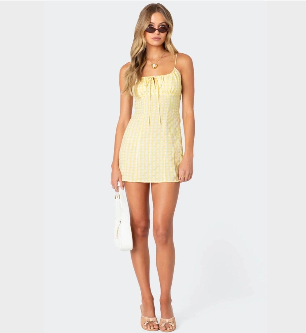 Edikted Butter Yellow & White Gingham Milk Maid Coquette Mini Bodycon Dress
